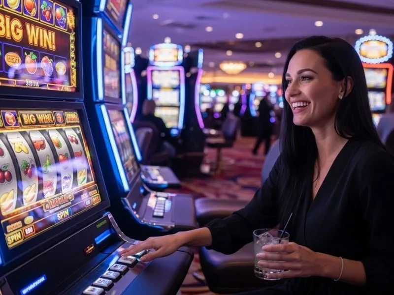 Woman happily spinning slot machine reels at a casino table, enjoying her winnings at jl717 casino.