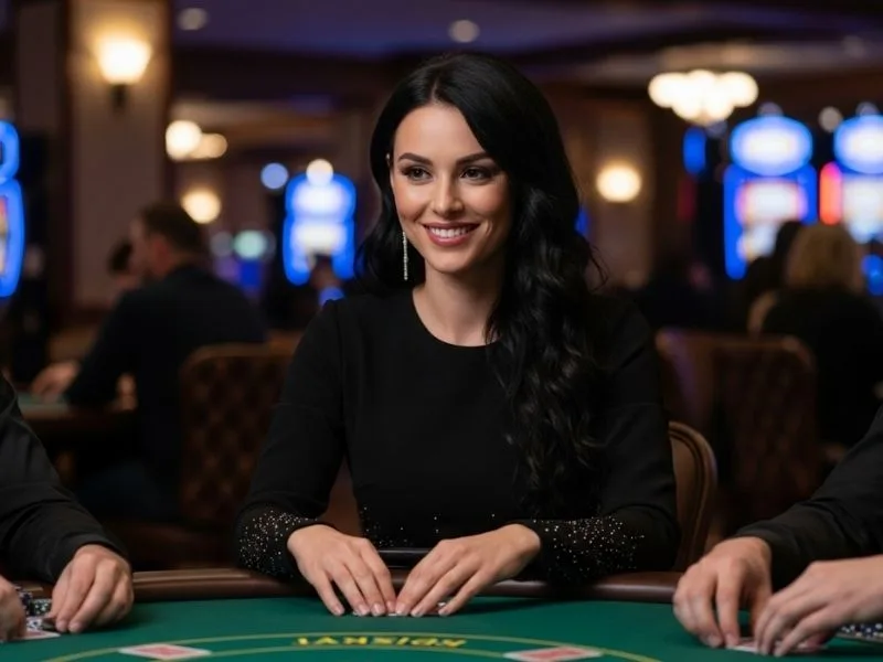 Joyful woman playing a card game at a physical casino table, enjoying her gaming experience with JL717 Casino Login.