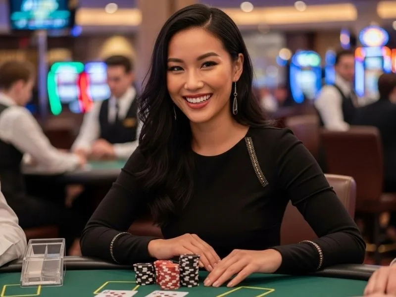Woman happily playing blackjack at a casino table, enjoying the game; jl717 casino login experience.