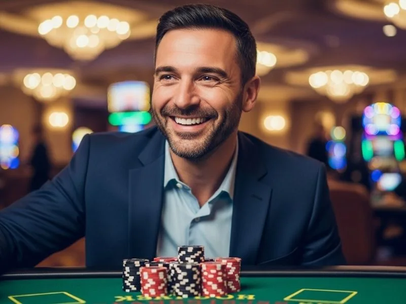 Man smiling while playing at a casino table with poker chips, enjoying the thrill of JL717 casino login.