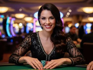 Woman smiling while playing poker at a casino table, enjoying her game at jl717 casino login.