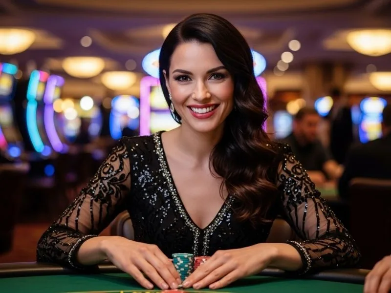 Woman smiling while playing poker at a casino table, enjoying her game at jl717 casino login.