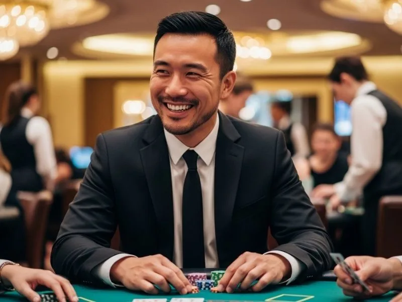 Man happily playing table games at a physical casino, enjoying his time at JL717 Casino.