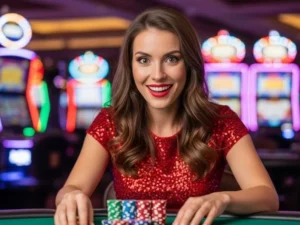 Woman smiling happily over a stack of casino chips while enjoying a game, representing the excitement of Kaboo Casino Mobile.