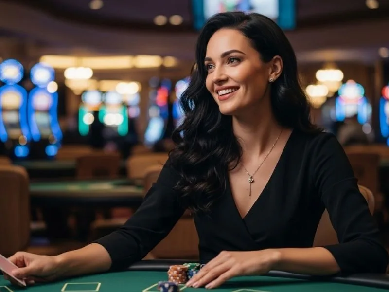 Woman smiling while playing poker at a casino table, enjoying her winnings with poker chips, promoting kaboo casino mobile experience.