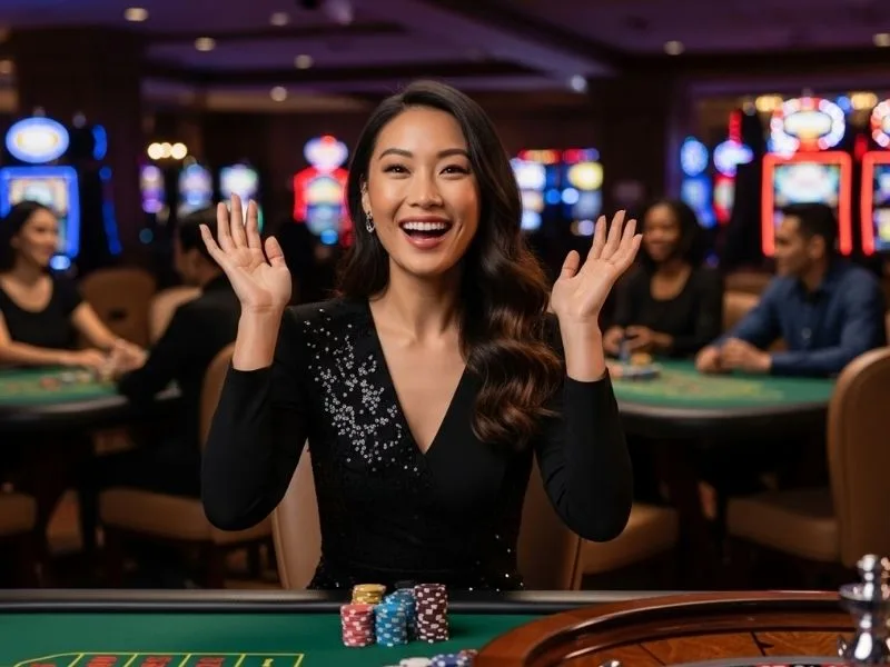 Woman happily spinning the roulette wheel at a casino, enjoying her time while imagining Kaboo Casino Mobile experience.