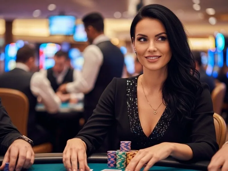 Joyful woman playing poker at a physical casino table, with vibrant chips and cards, representing the Manila Bay Casino gaming experience.