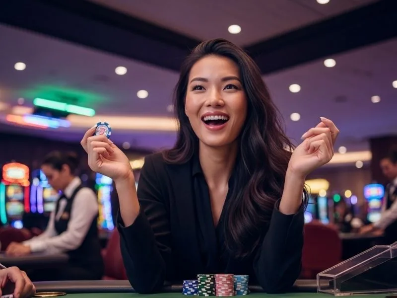 Smiling lady enjoying a fun gaming experience at a physical casino, representing the lively atmosphere of manila bay casino.