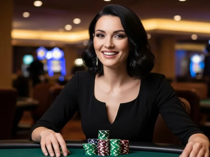 Woman smiling while stacking casino chips on a gaming table inside a physical casino — image related to manila bay casino.