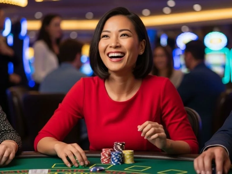Smiling woman playing at a casino table with chips laid out, enjoying a gaming experience at Midori Casino.