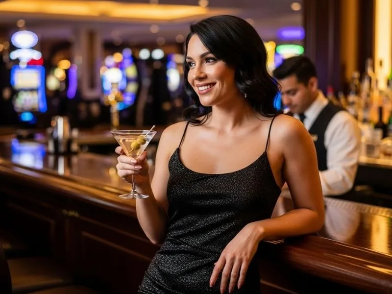 Smiling woman having fun playing casino games with chips on the table at a casino, enjoying her experience at Midori Casino.