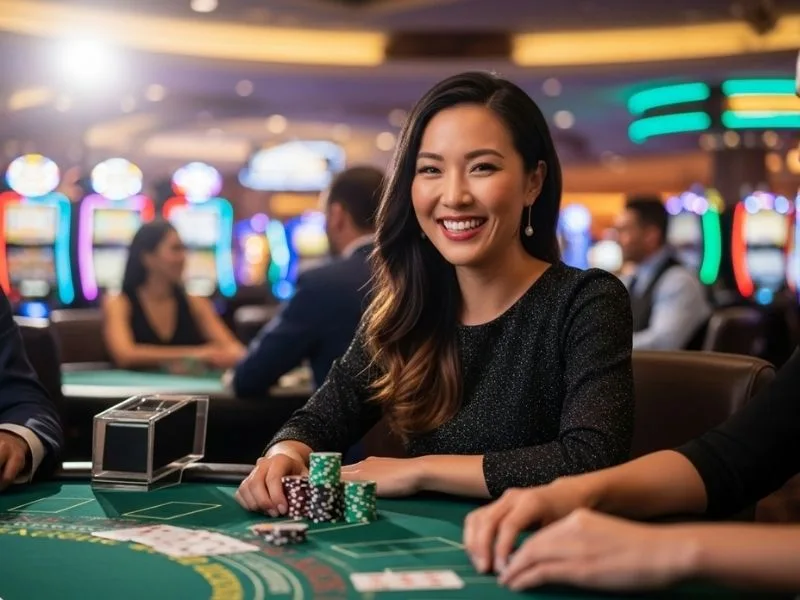 Smiling woman having fun playing casino games with chips on the table at a casino, enjoying her experience at Midori Casino.