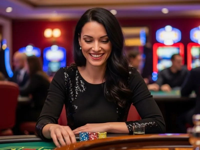 Woman cheerfully playing roulette at a casino table, enjoying her time at Midori Casino.
