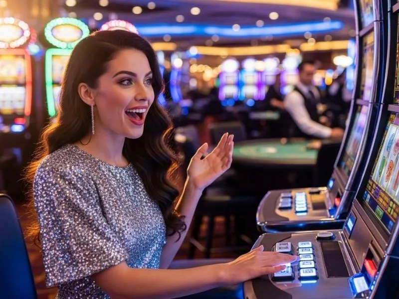 Lady laughing while playing slots at a physical casino, enjoying her gaming experience with excitement, related to OKJL Casino login.