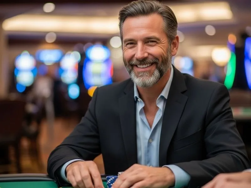 Old man laughing while playing casino games, enjoying his time at a physical casino, with reference to okjl casino login.