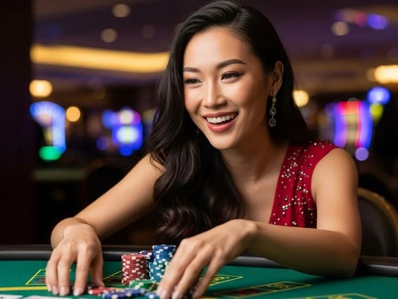 Woman smiling while betting on table games at a casino, enjoying her experience with OKJL Casino Login.