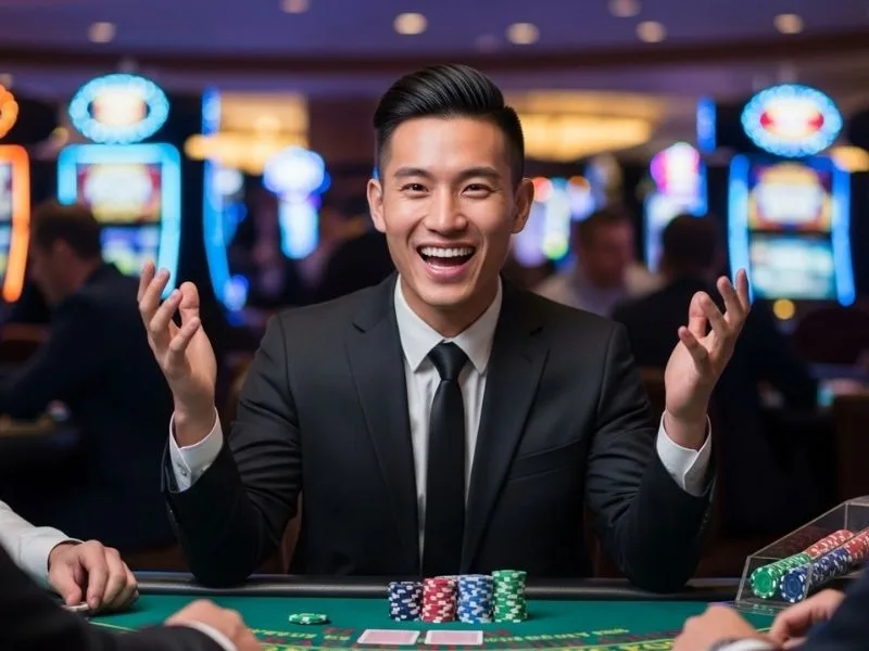 Young man smiling while playing poker at a casino table, enjoying his experience with OKJL Casino Login.