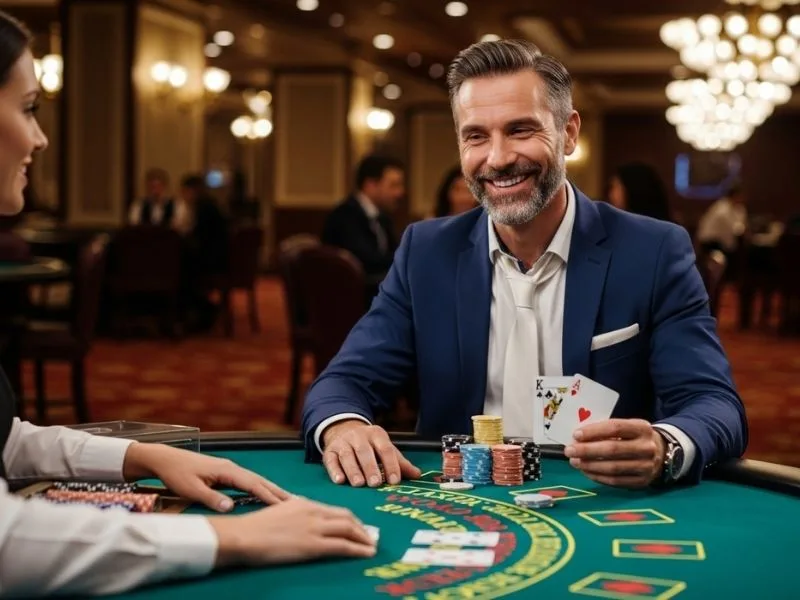 Old man smiling while playing a poker game at a physical casino table, related to pbb albie casino.