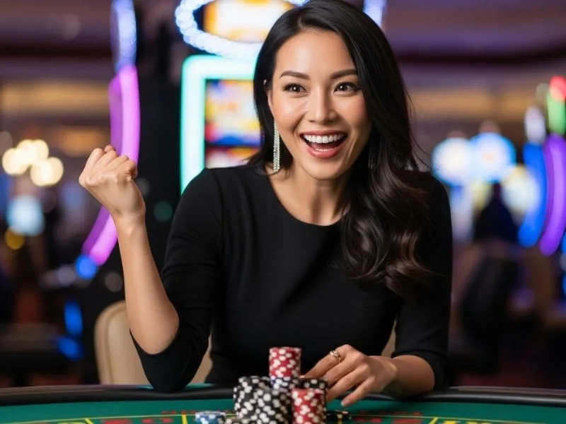 Smiling woman in a physical casino with chips laid out on the table, representing the fun and lively gaming vibe of pbb albie casino.
