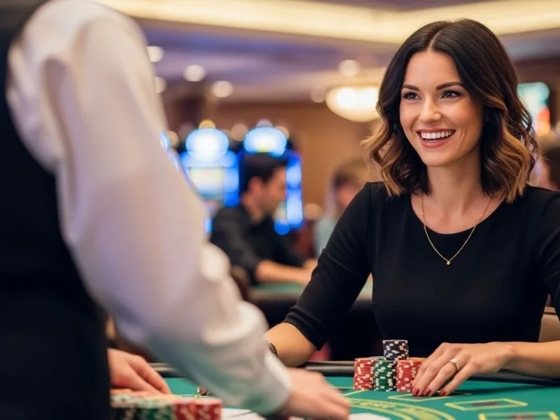 Smiling woman holding colorful casino chips while playing at a real casino table for pbb albie casino.