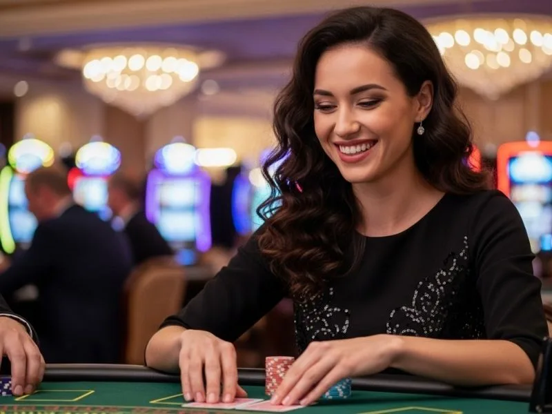 Smiling woman playing poker at a physical casino table, showcasing the lively gaming atmosphere of pbb albie casino.