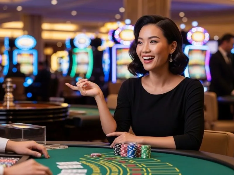 Woman smiling while playing poker at a physical casino table, enjoying her winnings, representing PH11 Casino Login experience.