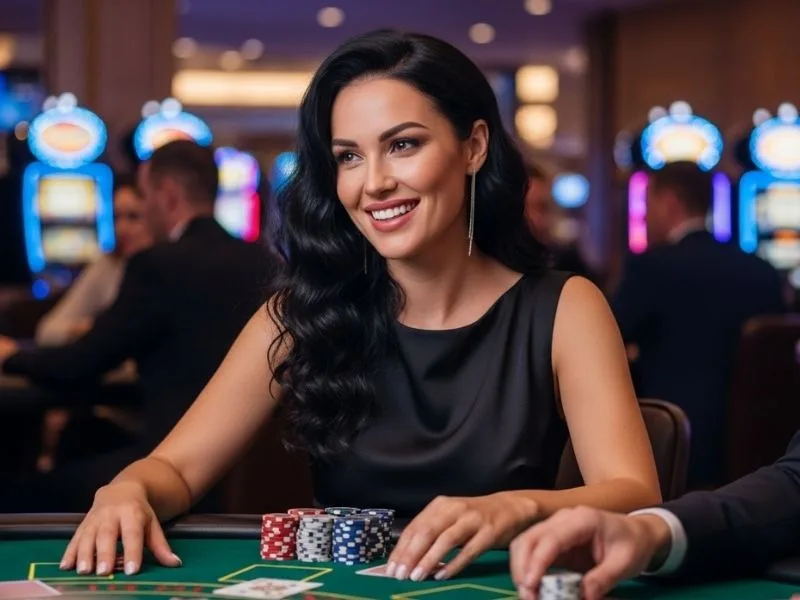 Smiling lady enjoying casino games with colorful chips at a table, showcasing the excitement of ph11 casino login.