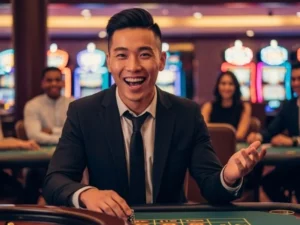 Smiling man enjoying a roulette game at a casino, representing a fun experience with ph11 casino login.
