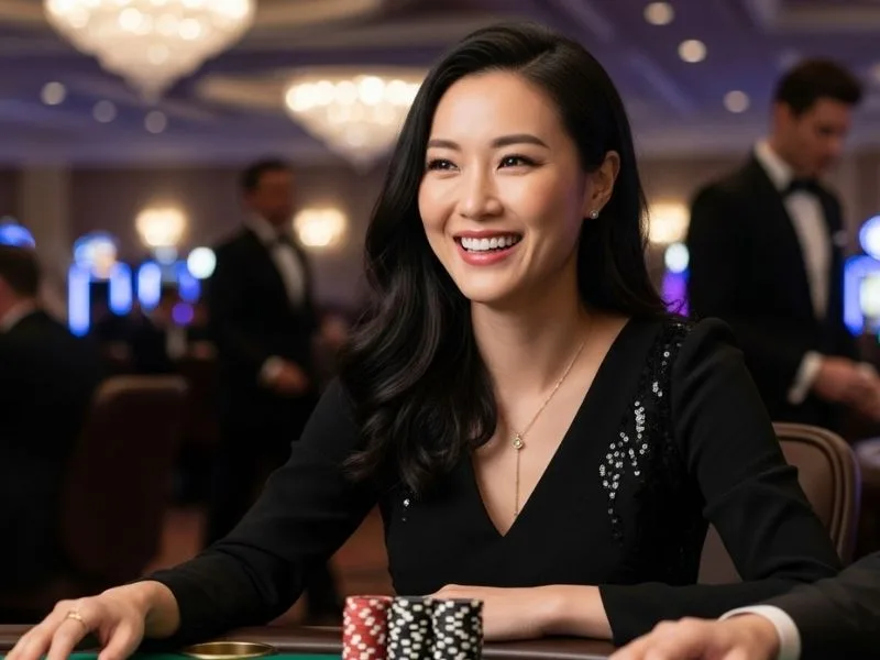 Woman happily smiling while playing at a poker table in a physical casino, enjoying her game and winnings.