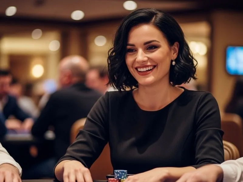 Smiling woman enjoying a poker game at a physical casino with ph222 casino style excitement