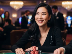 Cheerful woman playing poker with chips at a physical casino, enjoying the excitement of ph222 casino.