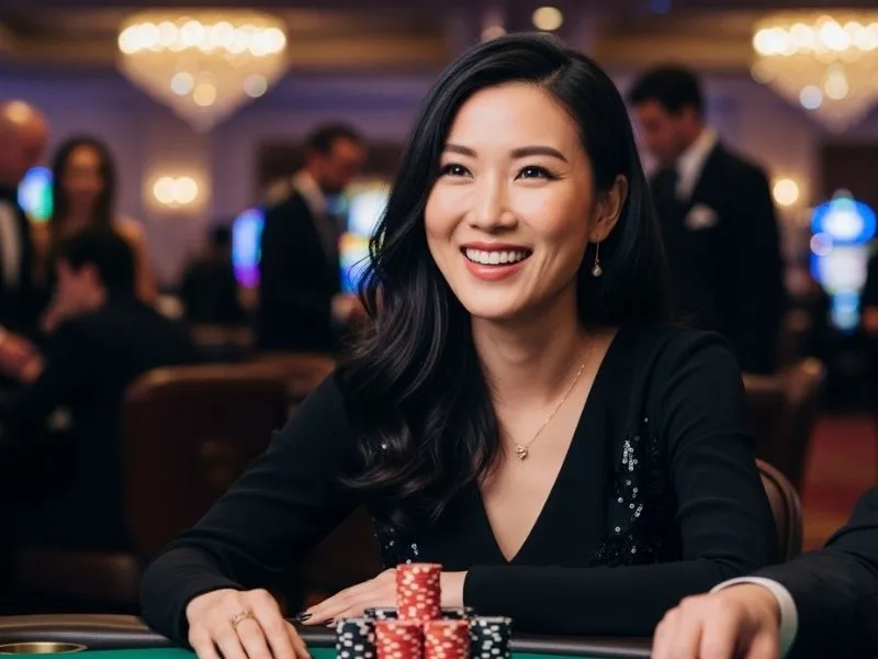 Cheerful woman playing poker with chips at a physical casino, enjoying the excitement of ph222 casino.
