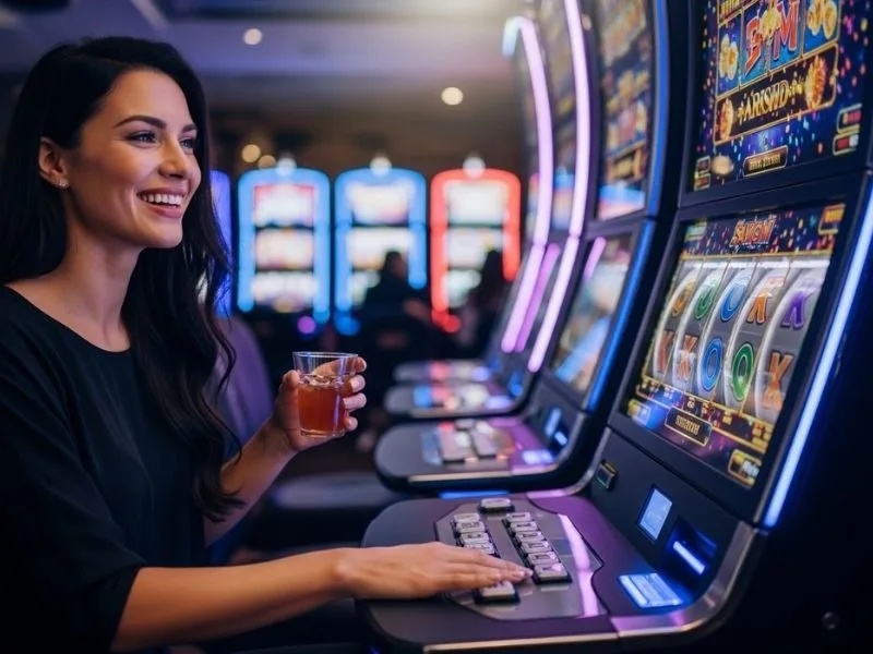 Woman happily spinning slot machines at a casino, enjoying her time at PH222 Casino.