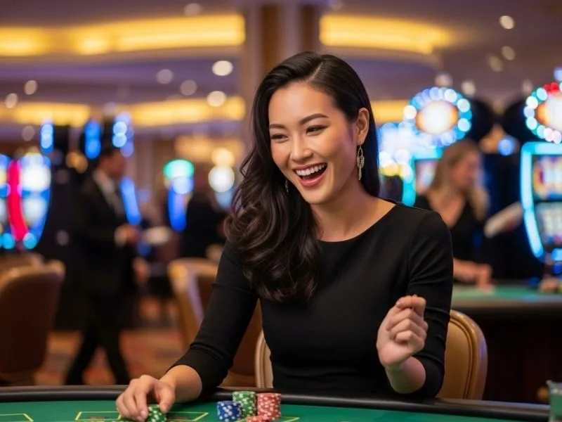 Woman smiling while placing chips on a casino table at a physical casino, enjoying a fun gaming moment with PH222 Casino vibes.