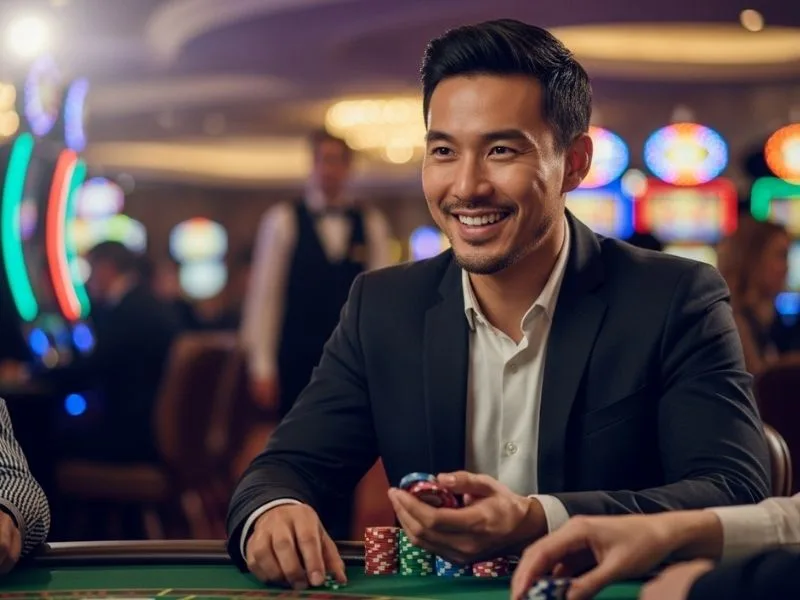 Happy man playing with poker chips at a casino table, enjoying his winnings at phjoy com casino