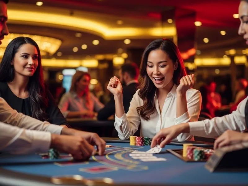 Happy woman laughing while playing poker at a physical casino, enjoying her time at phjoy com casino.