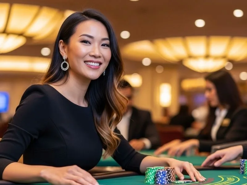 Woman happily playing with casino chips at a table, enjoying her game at a physical casino, representing PHJoy com casino experience.