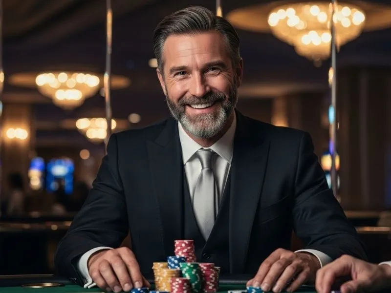 Old man happily sitting at a casino table with chips, enjoying his game at PHJOY com casino