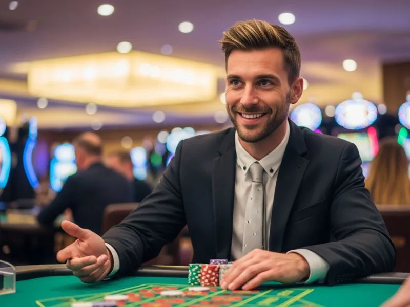 Man smiling while playing table games at a casino, enjoying the excitement of pinas77 casino.
