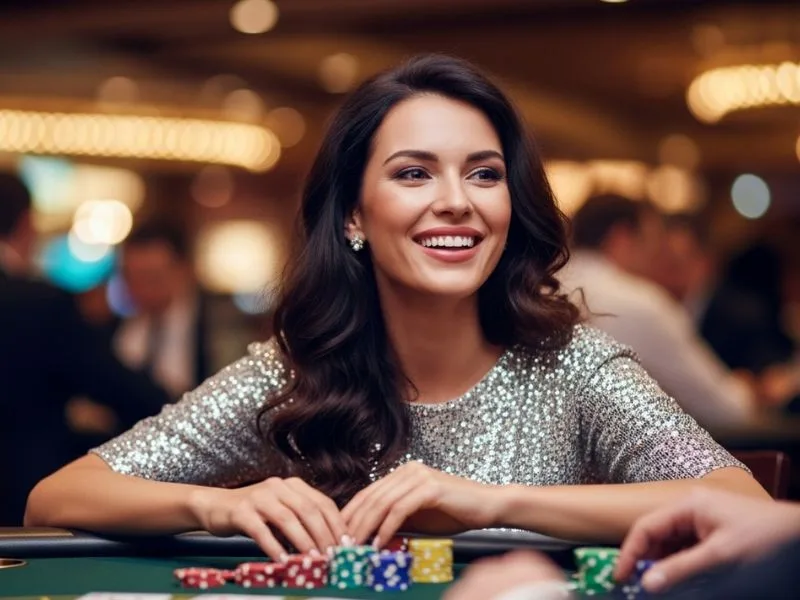 Pretty woman smiling while playing at a poker table with chips at a casino, enjoying her gaming experience at Pinas77 Casino.