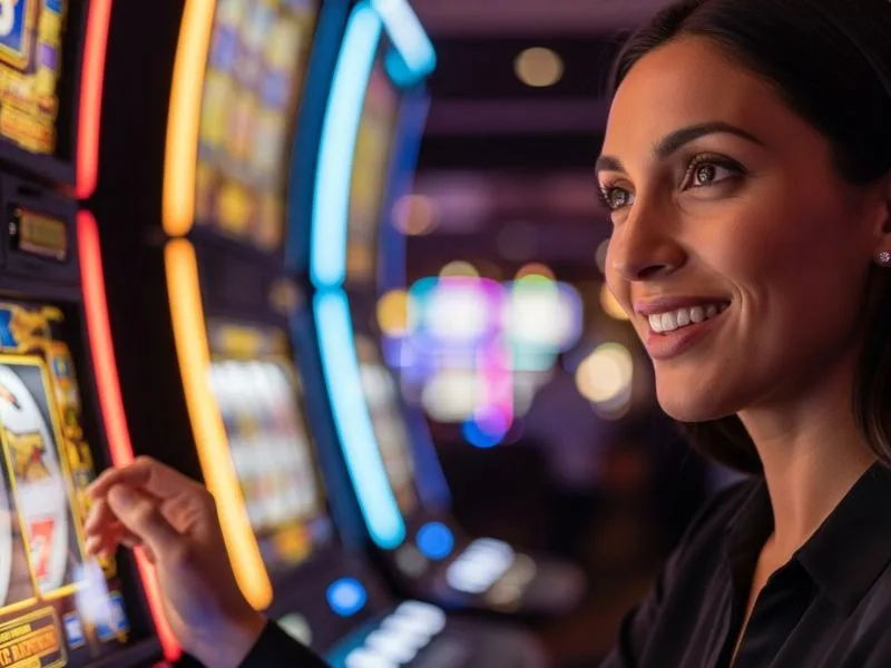 Woman smiling while playing slot machines at a casino, enjoying her time at Pinas77 Casino.