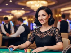 Woman smiling and placing bets at a casino table, enjoying her gaming experience at Pinas77 Casino.