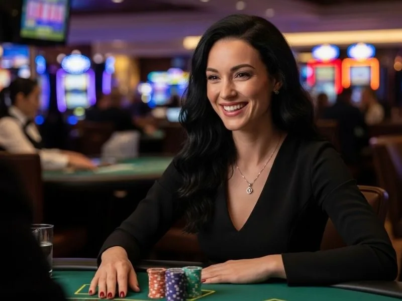 Happy woman playing at a casino table with a stack of chips, enjoying her winnings at Pinoy 168 Casino.