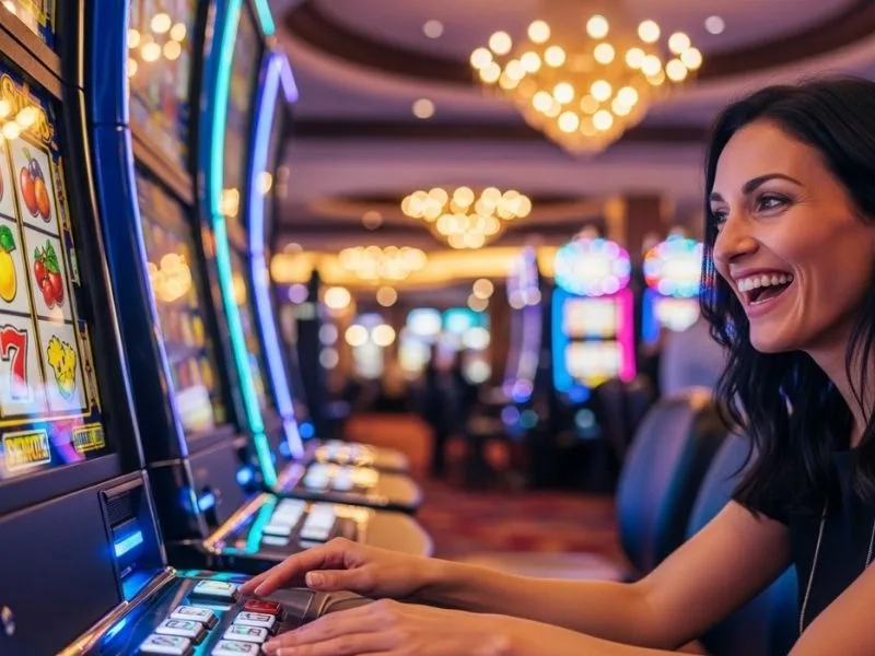 Joyful woman playing slot machines at a casino, enjoying her winnings, with Pinoy 168 Casino vibes.