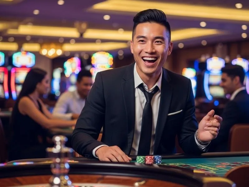 Man happily playing roulette at a casino table, enjoying the excitement of pinoy 168 casino.