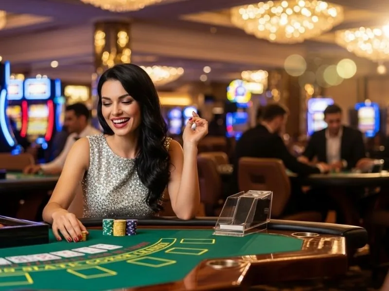 Woman cheerfully playing blackjack at a casino table, enjoying her experience at Pinoy 168 Casino.