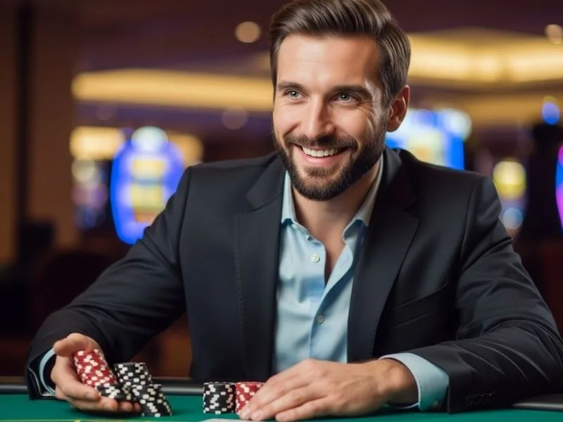 Man smiling and holding casino chips while playing at a table, enjoying the Rich9 Casino experience.