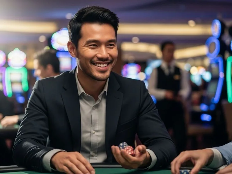Man smiling and holding casino chips while playing at a table, enjoying the Rich9 Casino experience.