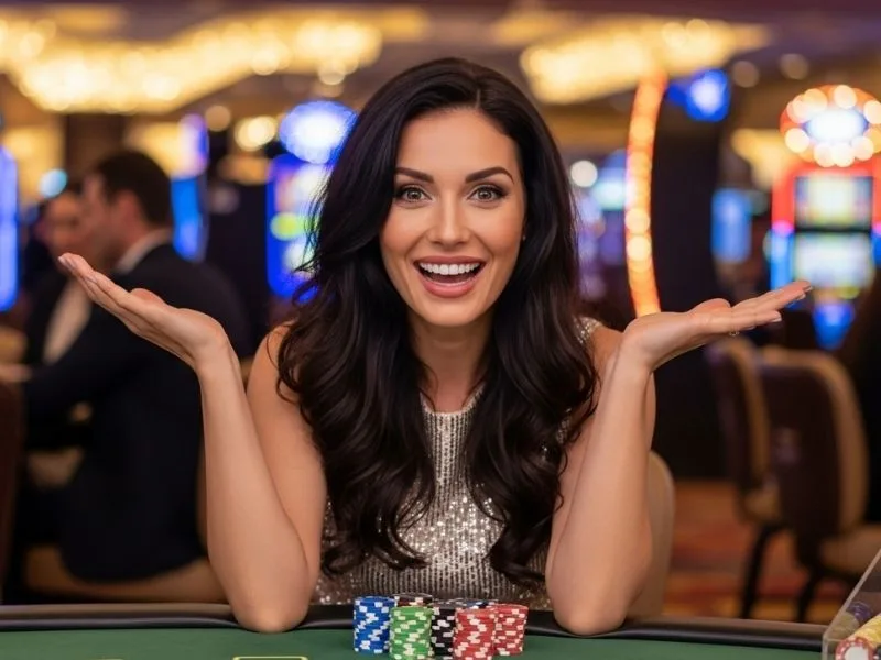 Woman happily posing with casino chips on a table at a physical casino, enjoying her win at Rich9 Casino.