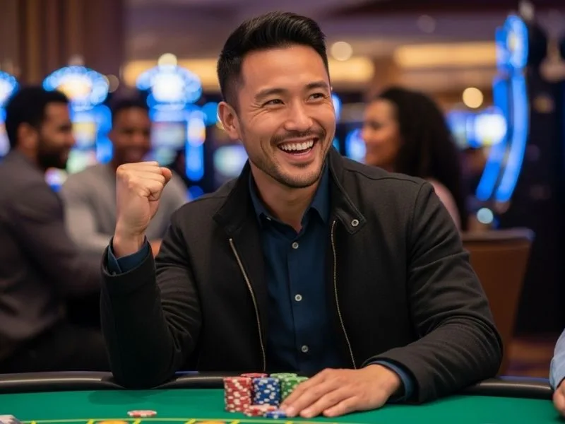 Man smiling while enjoying poker wins at a physical casino, playing with excitement at Tamabet Casino.